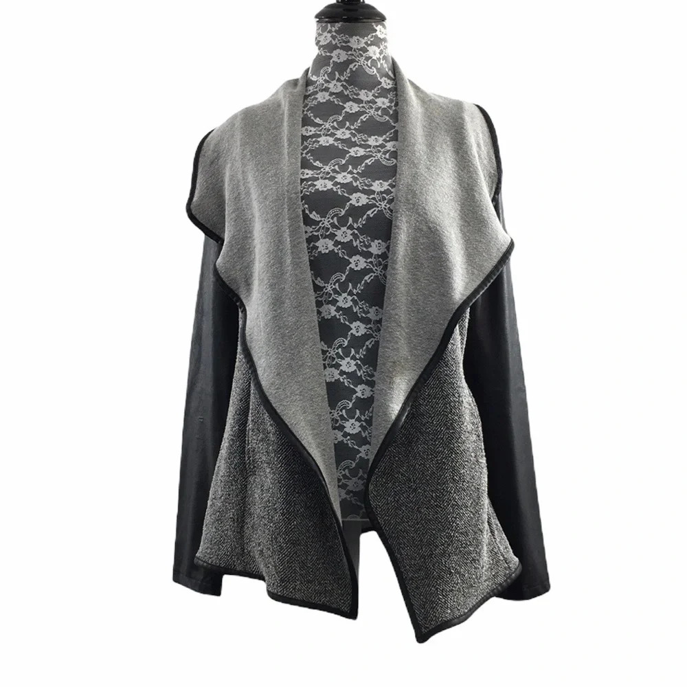 Jack BB Dakota Gray Cardigan Sweater Open Front‎ Women's XS Black Faux Leather